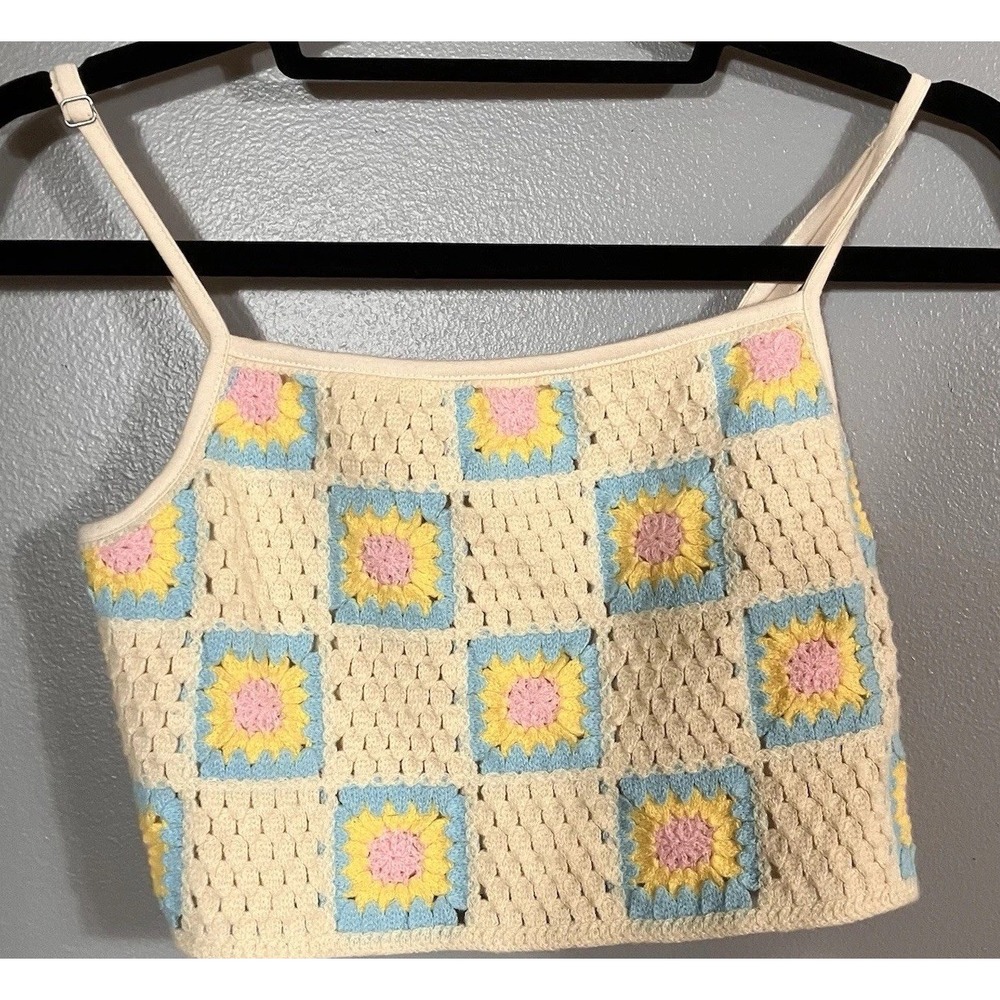 Wild Fable Women's Crochet Granny Square Cropped Boho Tank Top Summer Size S